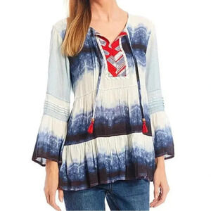 John Mark Ombre Tie Dye Tiered Blouse Tunic Peasant Tassel Artsy Bell Sleeve M
